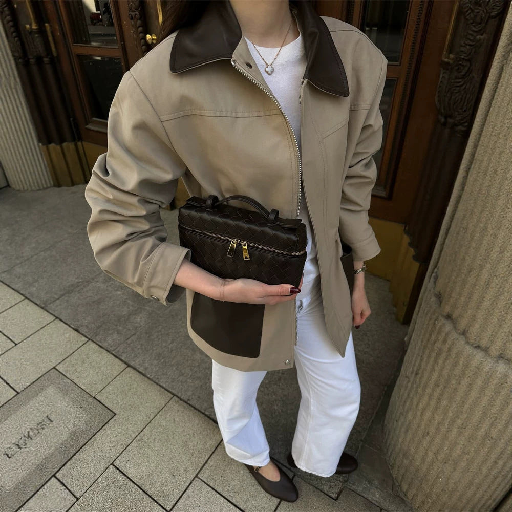 Women Boxy Field Jacket with contrast collar in leather look and appliqued pockets Mune Fashion