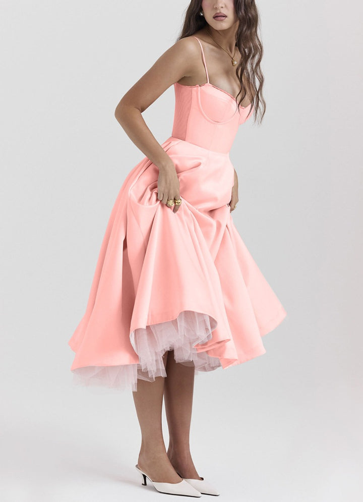 Women's tailored retro-inspired midi dress with corset underbust seams, flared skirt, and side pockets Mune Fashion