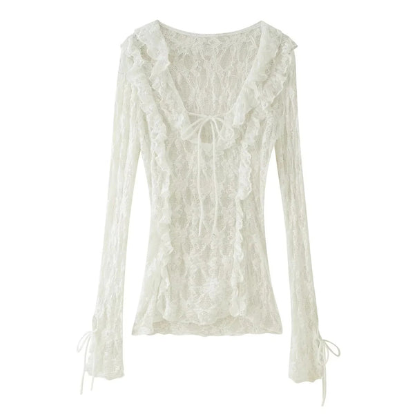 Women's lace blouse with deep V neckline, ruffled front and bell sleeves with tie bands Mune Fashion