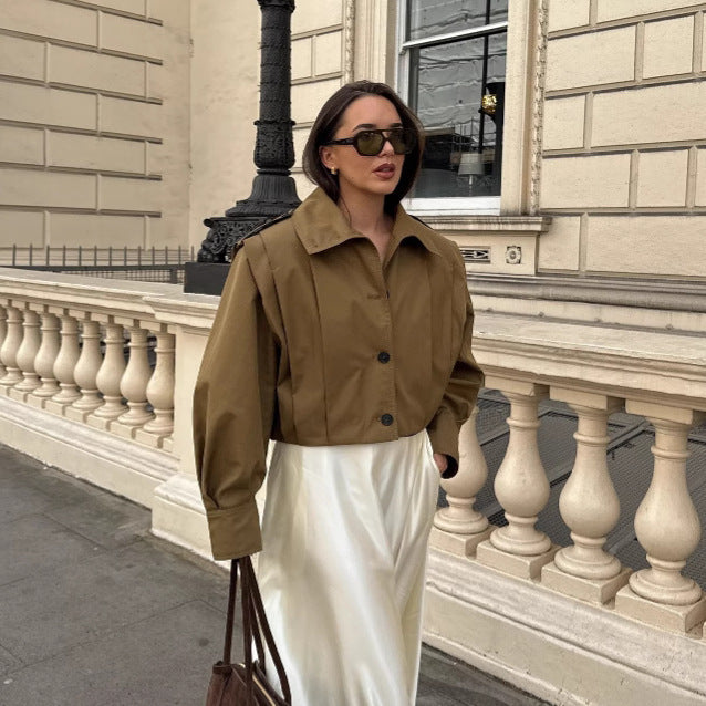 Women Short Boxy Trench Coat with Pleat Overlay and Epaulettes Mune Fashion