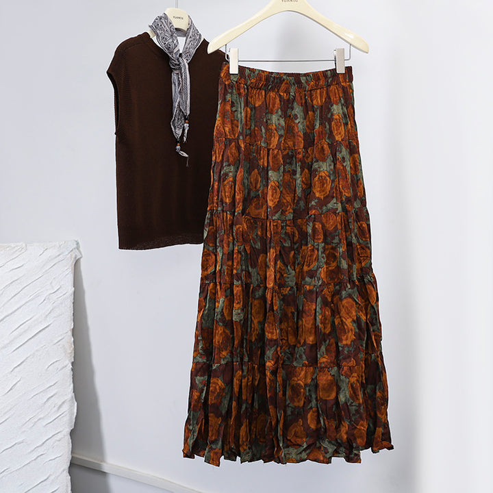 Women's flowing midi maxi skirt with multi-layered tiered design and fine pleated look Mune Fashion