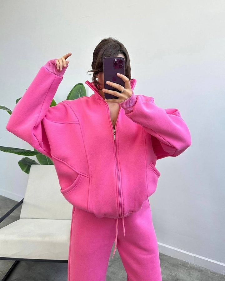 Women Oversized Fleece Set with Zipper Jacket and Loose Jogging Pants Mune Fashion