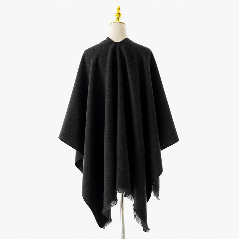 Women's Wrap Poncho with Tie Belt, V-Neck and Fringed Hem Mune Fashion
