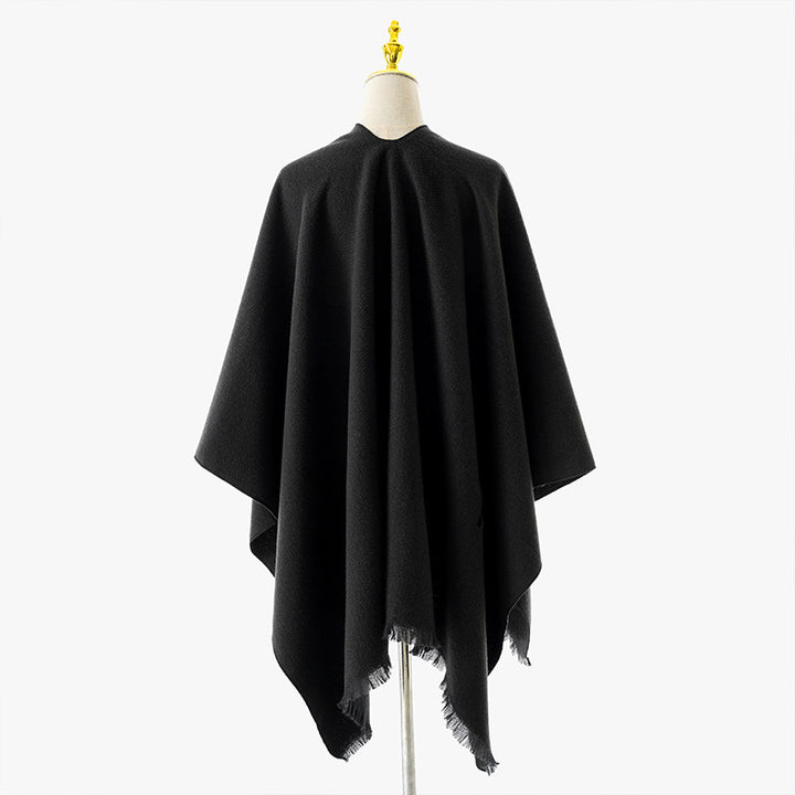 Women's Wrap Poncho with Tie Belt, V-Neck and Fringed Hem Mune Fashion