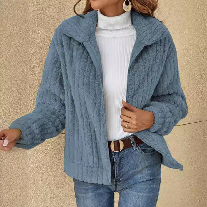 Ladies' fluffy teddy jacket with full-length zipper, stand-up collar, and front pockets Mune Fashion