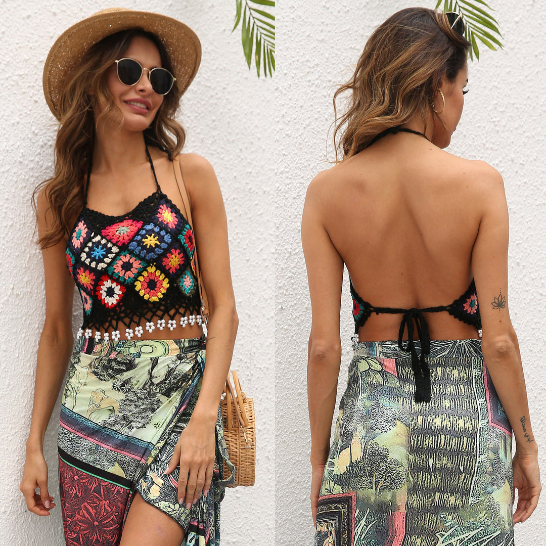 Women crocheted crop top with colorful floral pattern Mune Fashion