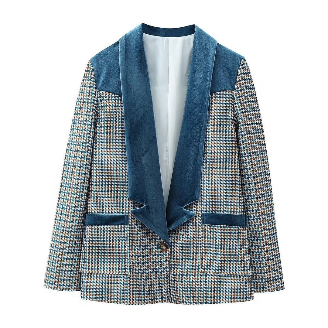 Women Houndstooth Blazer with Velvet Shawl Collar and Patch Pockets Mune Fashion