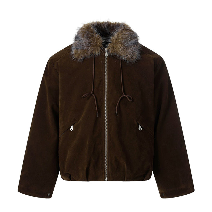 Men's Suede Bomber Jacket with Detachable Faux Fur Collar and Drawstring Mune Fashion