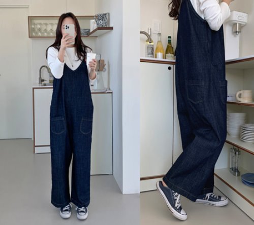Women's Oversized Denim Dungarees with Wide Legs and Side Pockets Mune Fashion