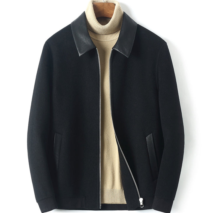 Men's Zip Woolblend Jacket with Leather Collar and Slim Silhouette Mune Fashion