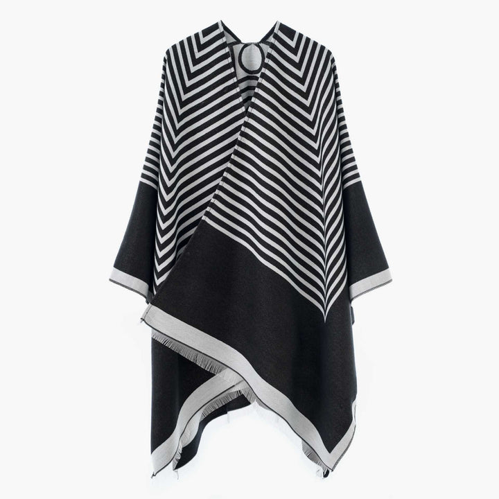 Women's Oversized Poncho made of wool blend in chevron jacquard with open V-neck Mune Fashion