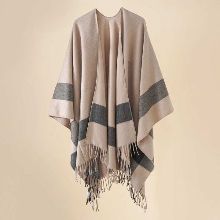 Women's Wool Blend Poncho with Check Pattern and Fringing Mune Fashion