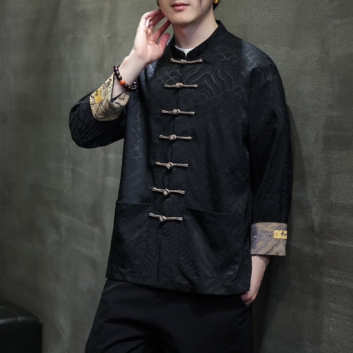 Men's traditional Tang jacket with Chinese knot closure and brocade sleeves Mune Fashion