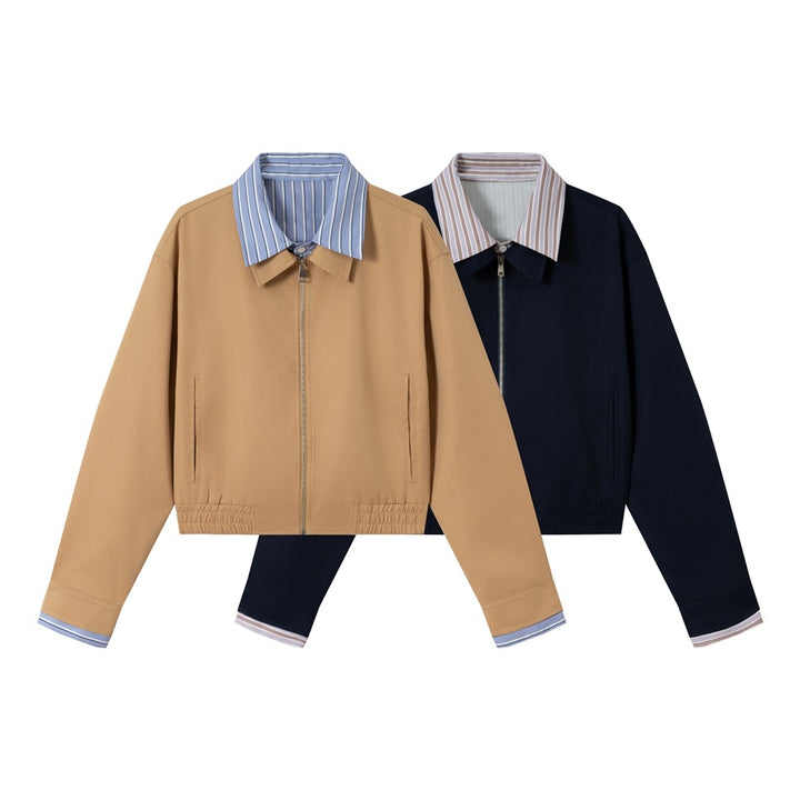 Women's short jacket with contrasting shirt collar, concealed zipper, and elastic hem Mune Fashion