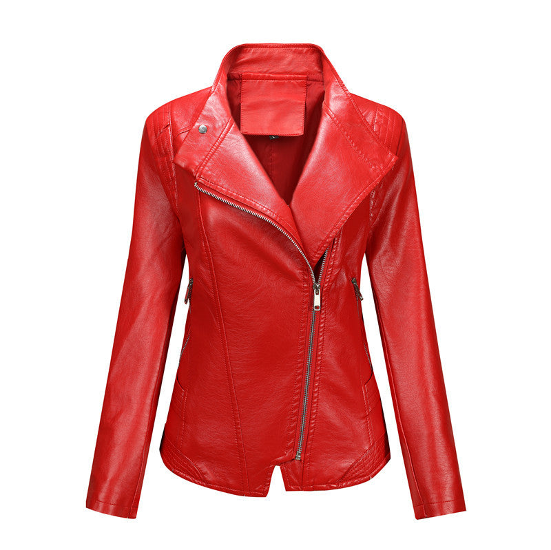 Women fitted biker jacket made of faux leather with asymmetrical zipper and fitted cut Mune Fashion