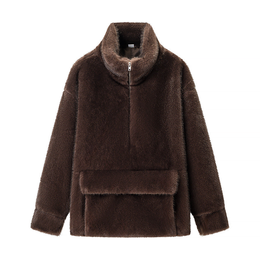 Women's Oversize Teddy-Fleece Pullover with Half Zipper and Large Flap Pocket Mune Fashion