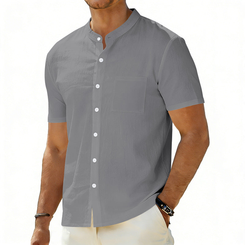 Men's short-sleeved linen shirt with stand-up collar and chest pocket Mune Fashion