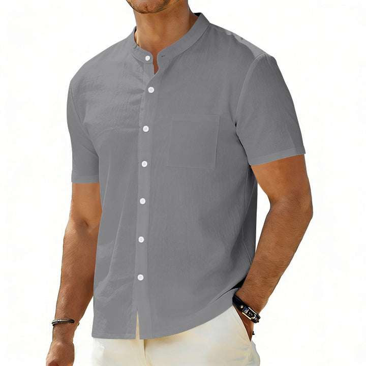 Men's short-sleeved linen shirt with stand-up collar and chest pocket Mune Fashion