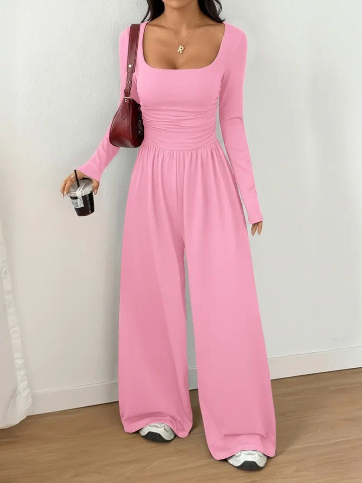 Women's jumpsuit with wide leg, square neckline and gathered waist area
