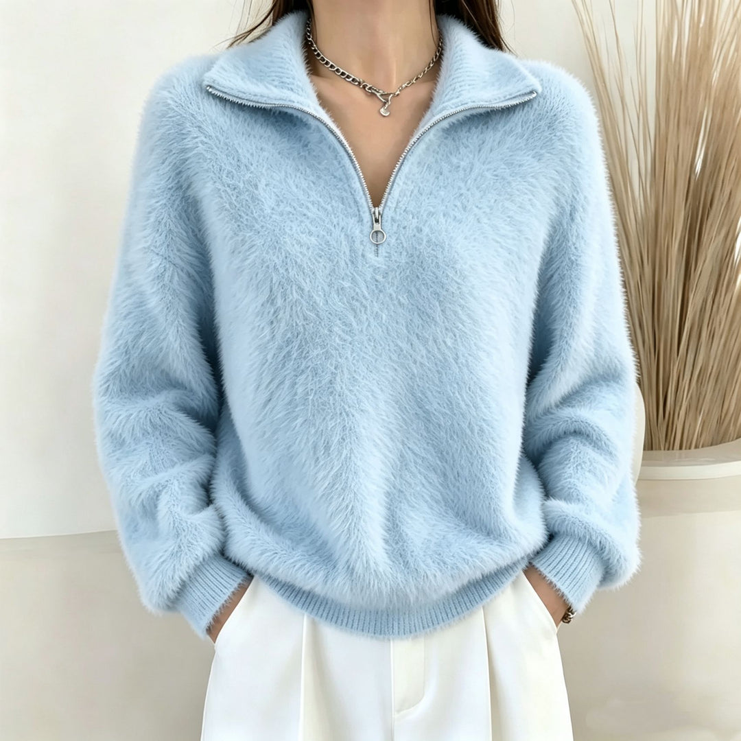Women's Fluffy Half-Zip Sweater with Stand-Up Collar Mune Fashion