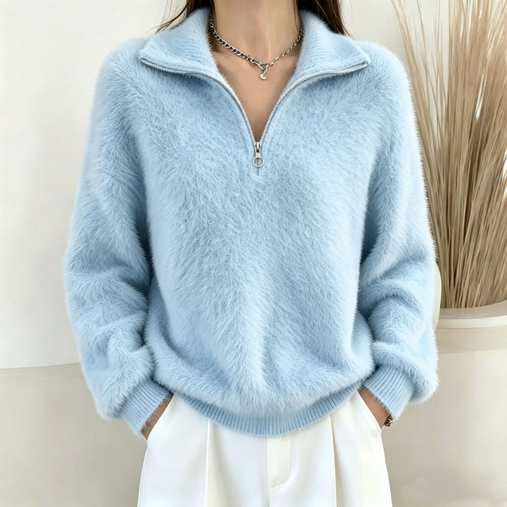 Women's Fluffy Half-Zip Sweater with Stand-Up Collar Mune Fashion