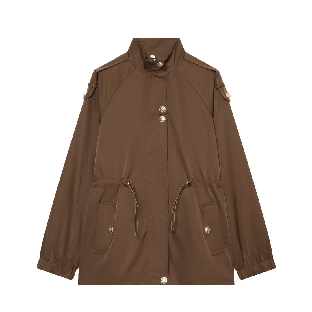 Women's lightweight parka with stand-up collar, drawstring waist, and shoulder patches Mune Fashion