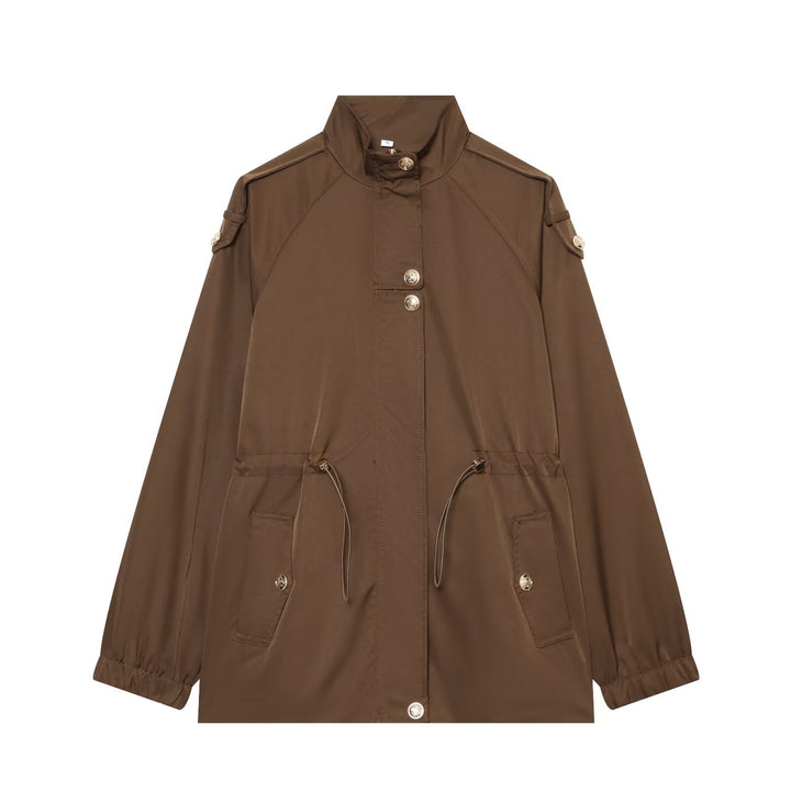 Women's lightweight parka with stand-up collar, drawstring waist, and shoulder patches Mune Fashion