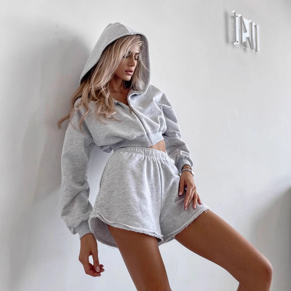 Women's Cropped-Zipper-Hoodie with waist-high fringe shorts lounge set Mune Fashion
