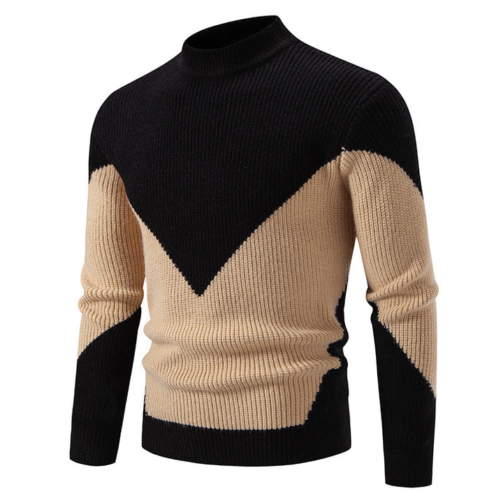Men's fine ribbed knitted pullover with stand-up collar and contrast block design Mune Fashion