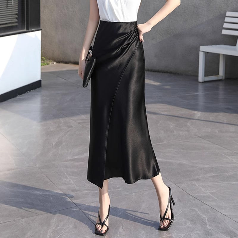 Women Elegant Satin Midi Skirt Mune Fashion