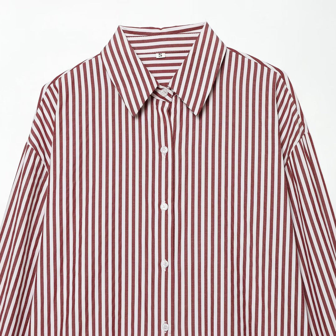 Women's Oversized Shirt Blouse with Vertical Striped Pattern and Kent Collar Mune Fashion