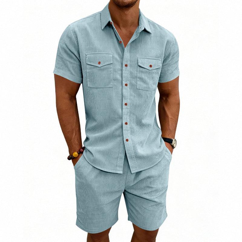 Men's structured cord leisure set with camp collar shirt and casual shorts Mune Fashion