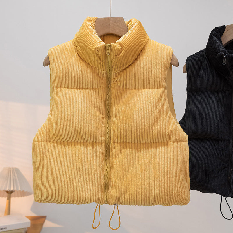 Women's padded cord quilted vest with stand-up collar and drawstring Mune Fashion