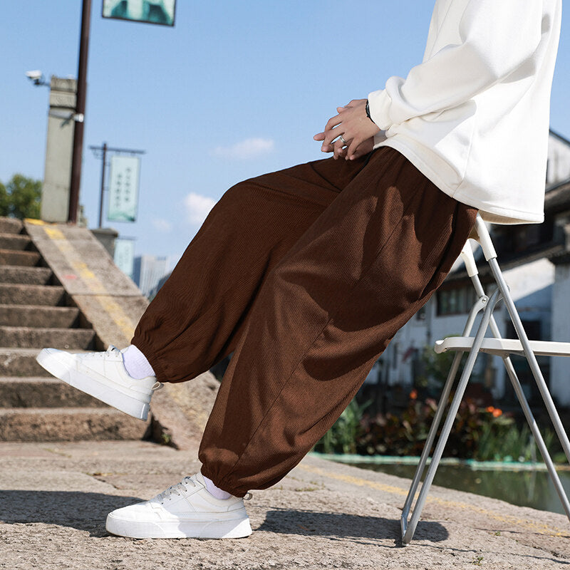 Men's Wide Cord Lounge Pants with Drawstring, Ribbed Cord Structure and Elastic Cuffs Mune Fashion