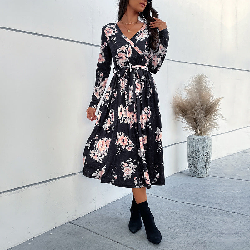 Women's Wrap Midi Dress with Fitted Tie Belt, Flared Skirt and V-Neck Mune Fashion
