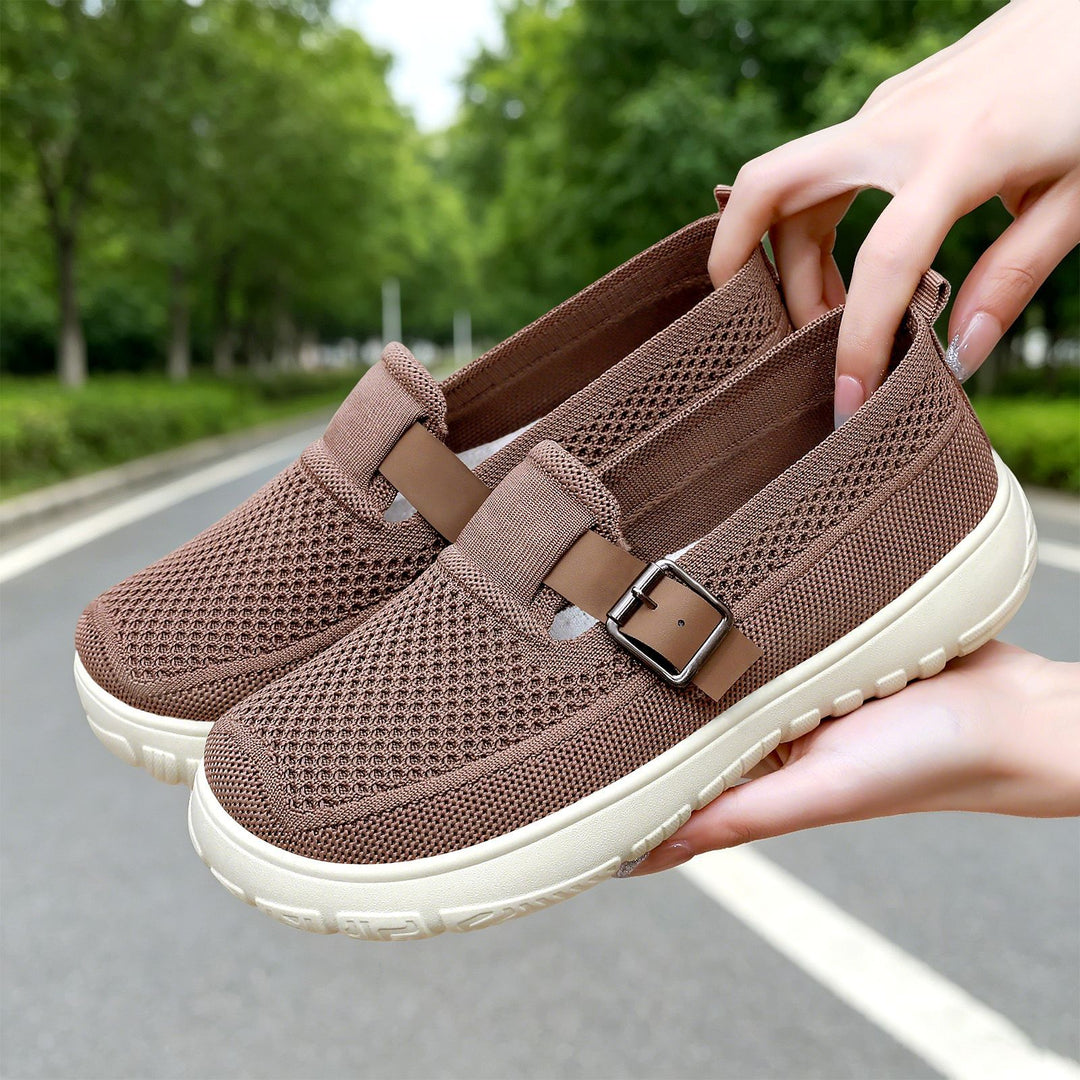 Women's breathable knit slip-on with adjustable metal buckle and cushioned lightweight EVA sole Mune Fashion