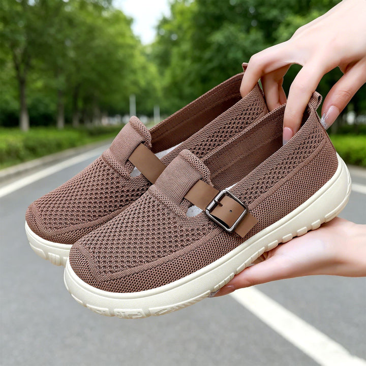 Women's breathable knit slip-on with adjustable metal buckle and cushioned lightweight EVA sole Mune Fashion