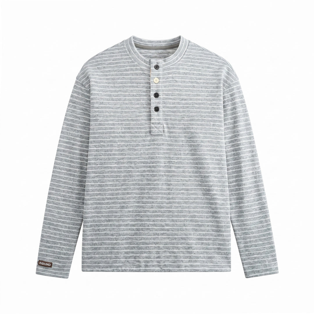 Men's Fine Knit Henley Shirt with Short Button Placket and Horizontal Stripe Pattern Mune Fashion