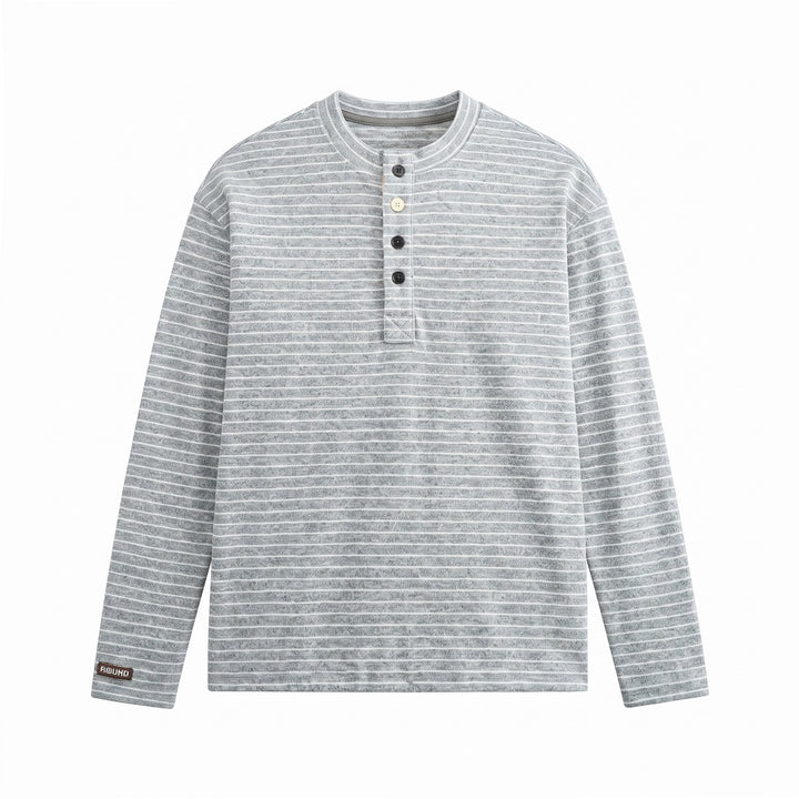 Men's Fine Knit Henley Shirt with Short Button Placket and Horizontal Stripe Pattern Mune Fashion