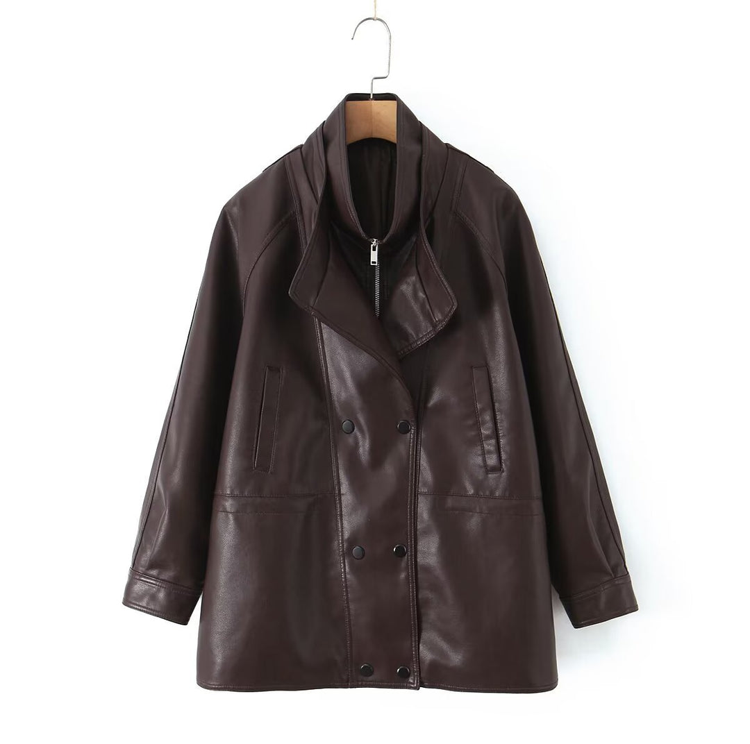 Women's Oversized Faux Leather Jacket with High Standing Collar and Double-Breasted Button Placket Mune Fashion