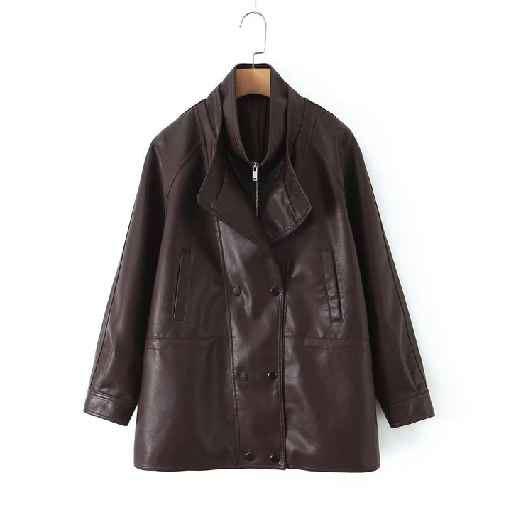 Women's Oversized Faux Leather Jacket with High Standing Collar and Double-Breasted Button Placket Mune Fashion
