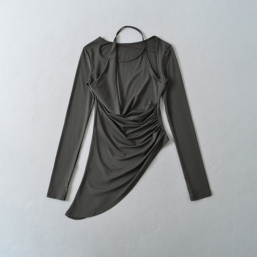 Women Fitted Long Sleeve Midi Dress with Asymmetrical Hem, Gathering and Halter Neck