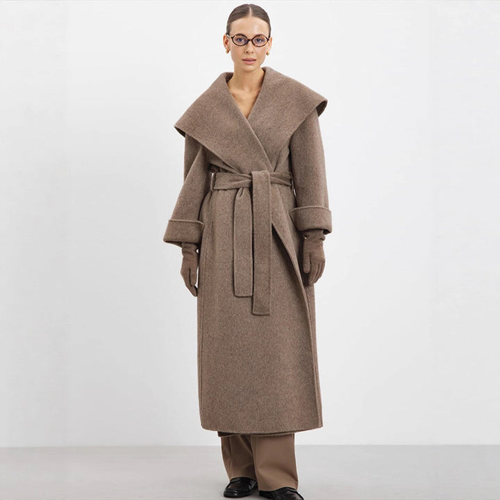 Women's Oversize Wool Blend Coat with Shawl Collar and Casual Maxi Length Mune Fashion