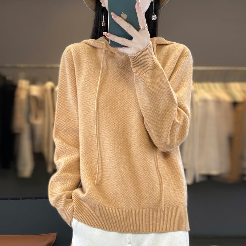 Women soft fine-knit hooded sweater with mottled texture and ribbed cuffs Mune Fashion