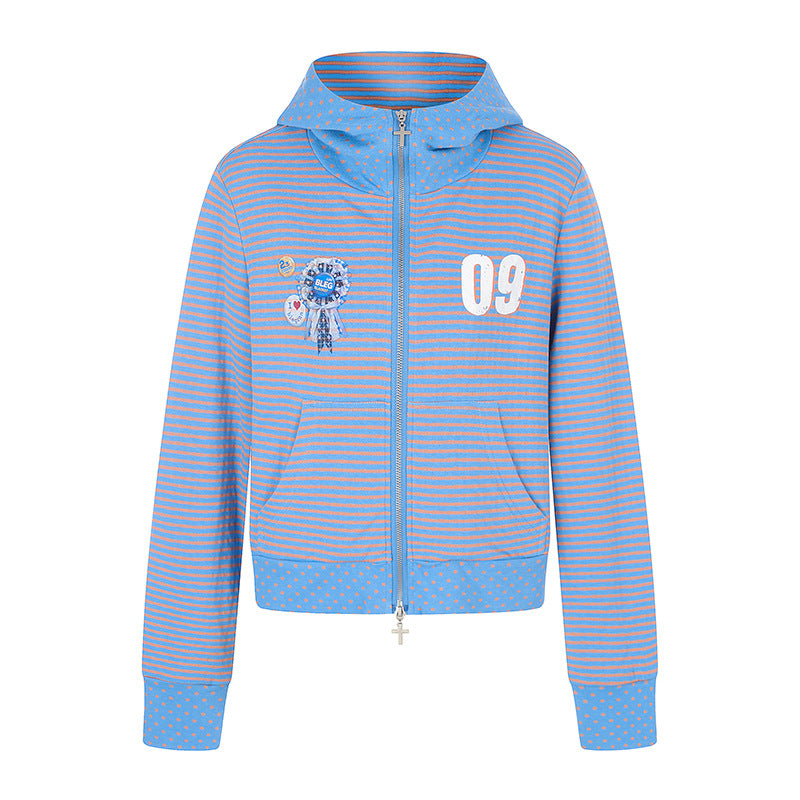 Women's Short Hoodie Sweat Jacket in Stripe Mix with Full Zipper and Placket Application Mune Fashion