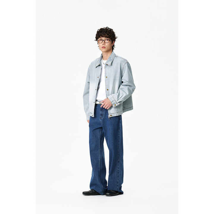 Unisex Striped Oversized Denim Jacket in Worker Style with Stand-Up Collar and Two-Way Zip Mune Fashion