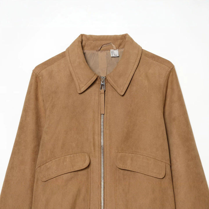 Women's Short Suede Leather Blouson in Boxy Cut with Shirt Collar, Flap Pockets and Wide Ribbed Cuff