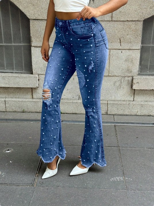 Ladies high-waisted flared jeans with bead appliqué, destroyed effects and frayed hem Mune Fashion