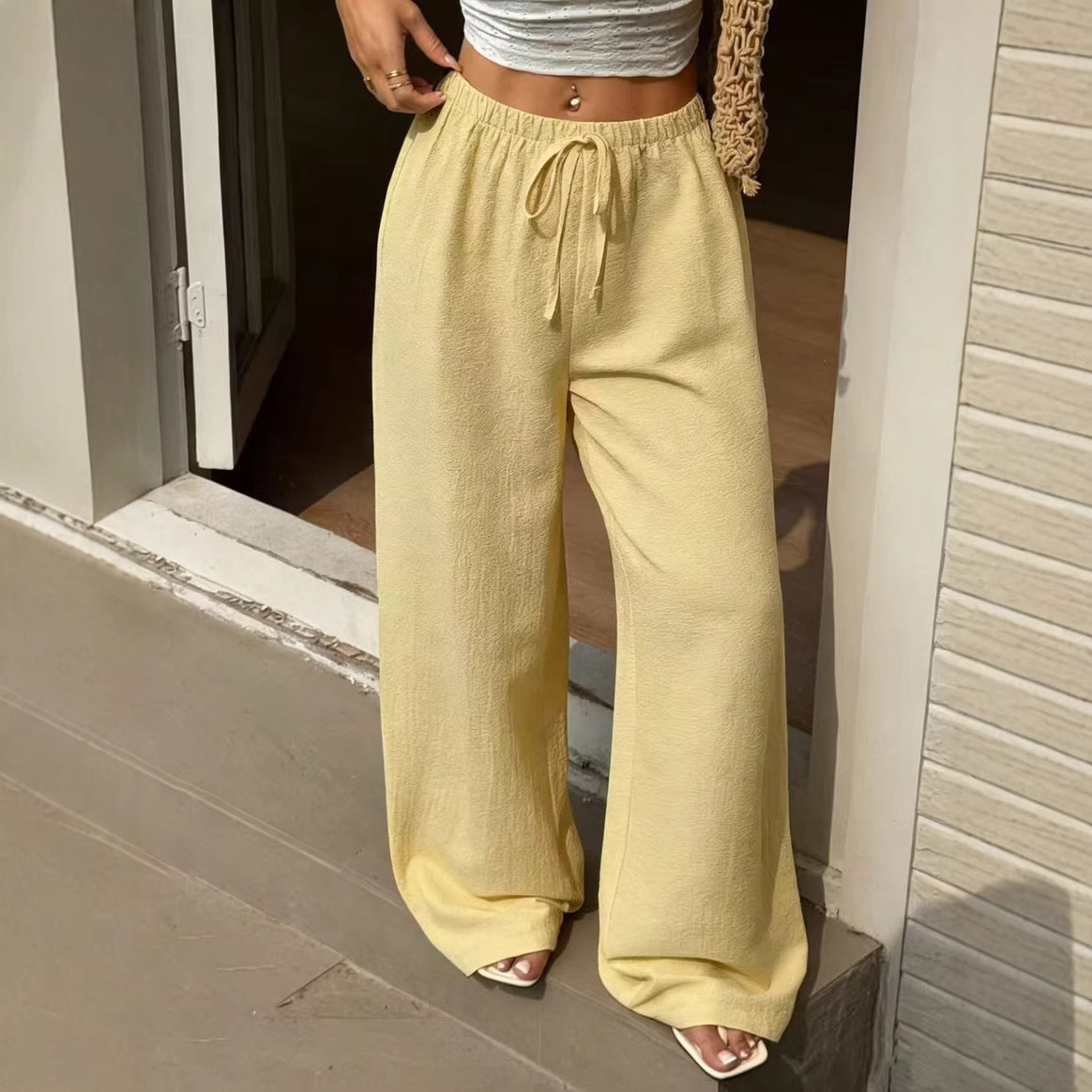 Women's Lightweight Linen Pants with Wide Leg and Drawstring Mune Fashion