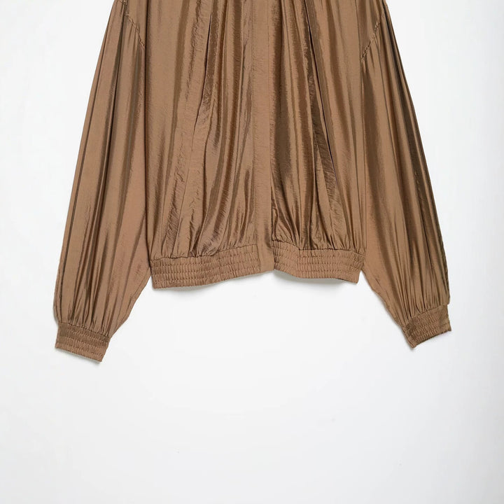 Women Pleated Blouson Top with Round Neckline, Balloon Sleeves and Smocked Hem Mune Fashion